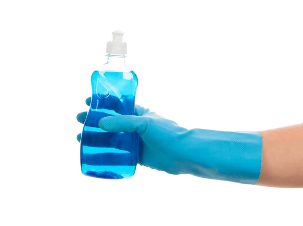 Detergente blu in mano su fondo bianco — Foto Stock