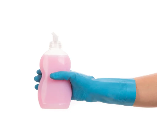 白い背景の上の手でピンク洗剤 — ストック写真