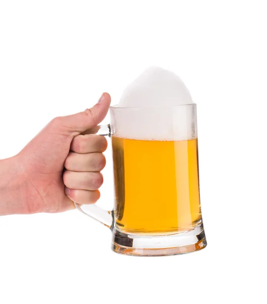 Frosty glass of beer with hand — Stock Photo, Image