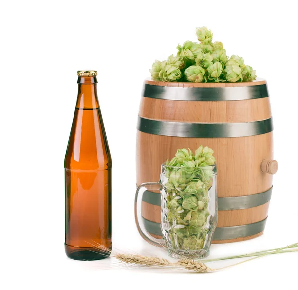 Bir dengan gelas bir dan hop — Stok Foto