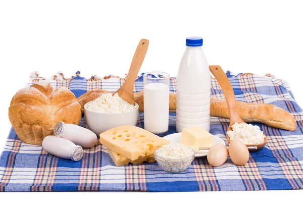 Composition with bread milk and cheese — Stock Photo, Image