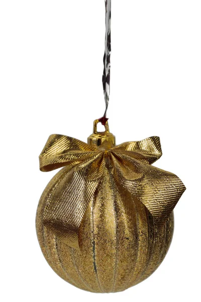 Gold Christmas Ball Bow Isolated White Background Close — Stock Photo, Image