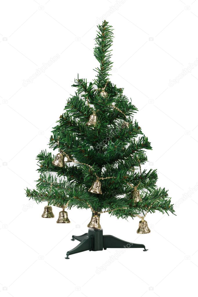 Artificial Christmas tree the garland with bells. Isolated over white background. Close-up.