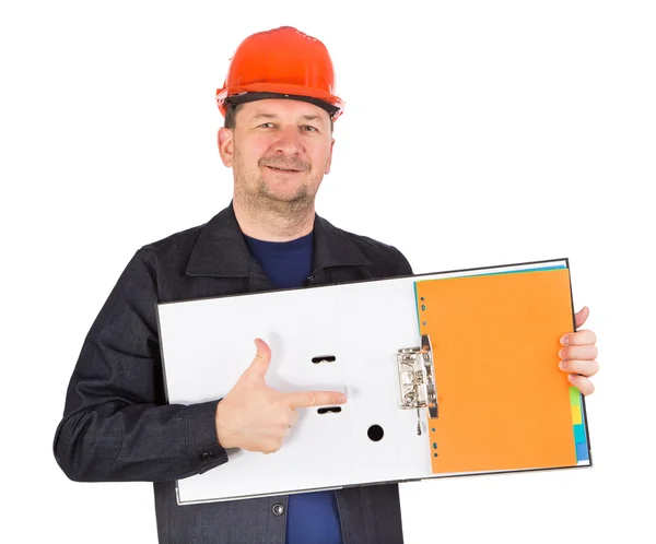 Man in red helmet shows opened paper folder. — Stock Photo, Image
