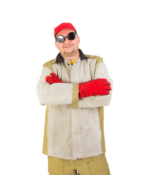 Soldador sonriente en gafas cruza brazos . —  Fotos de Stock