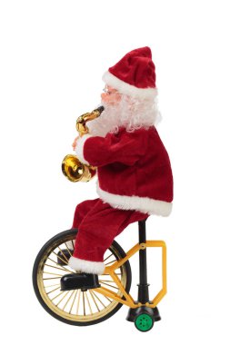 Bisikletli Noel Baba ve saksafon. Beyaz arka planda izole edilmiş. Yakın plan..