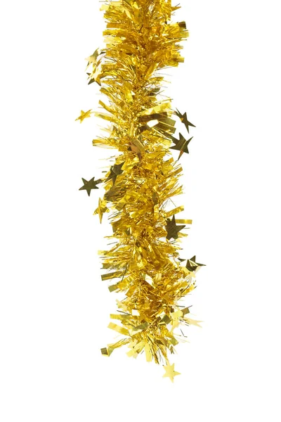 星付きの黄金のクリスマスティンセル 白い背景の上に隔離された — ストック写真