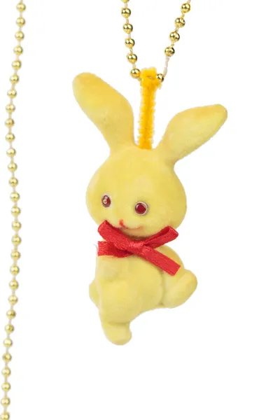 Handmade Yellow Rabbit Toy Red Bow Isolated White Background Close — Stock Photo, Image