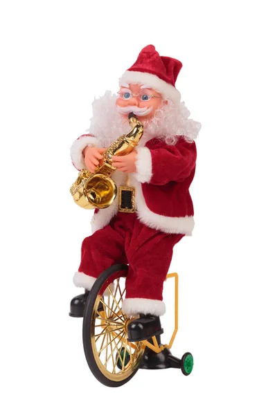 Père Noël Sur Vélo Avec Saxophone Isolé Sur Fond Blanc — Photo