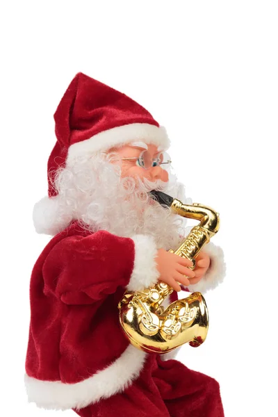 Boneca Papai Noel Com Saxofone Isolado Sobre Fundo Branco Close — Fotografia de Stock