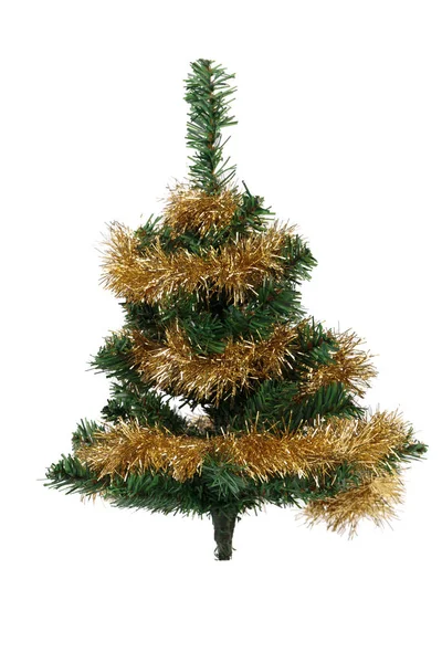 Árvore Natal Decorada Com Ouropel Ouro Isolado Sobre Fundo Branco — Fotografia de Stock