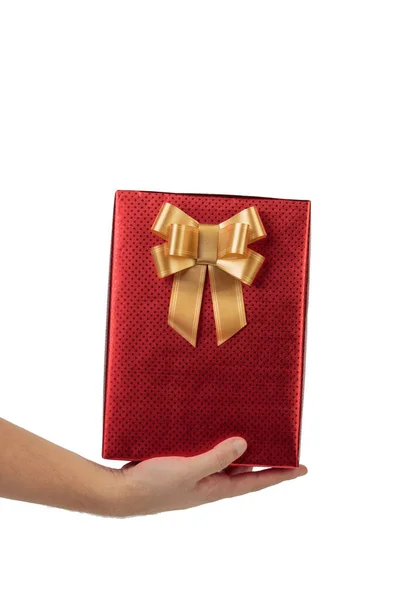 Red Gift Box Golden Bow Hand Isolated White Background Close — Stock Photo, Image