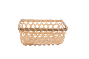 Rectangular wicker basket made from shavings. Isolated over white background. Close-up.