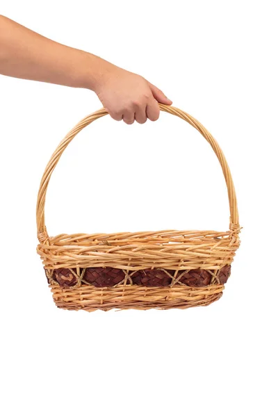 Hand Holds Wicker Basket Isolated White Background Close — Stockfoto