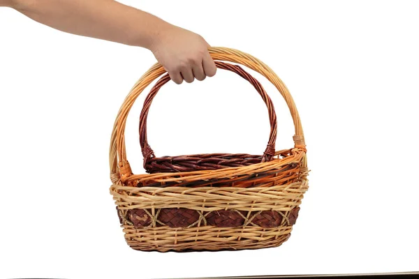 Hand Holds Wicker Basket Isolated White Background Close — Stok fotoğraf