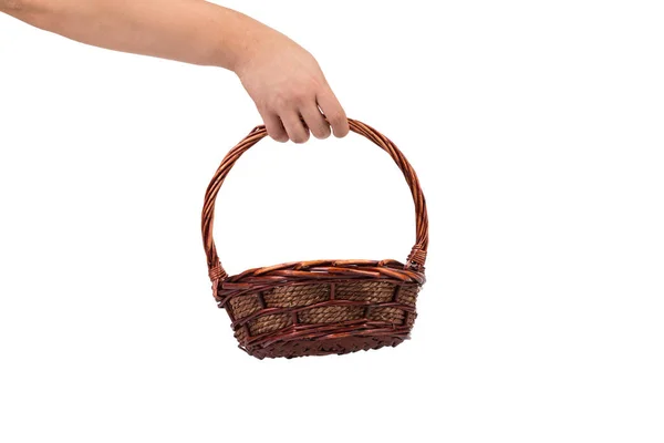 Hand Holds Wicker Basket Isolated White Background Close — Stockfoto