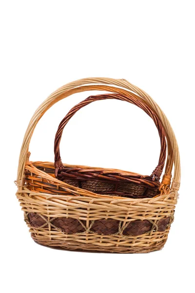 Wicker Basket Made Willow Branches Isolated White Background Close — стоковое фото