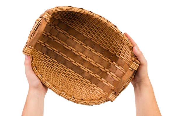 Human Hands Hold Wicker Basket Wicker Basket Made Willow Branches — 图库照片