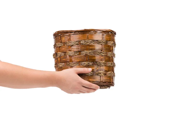 Human Hands Hold Wicker Basket Wicker Basket Made Willow Branches — Fotografia de Stock