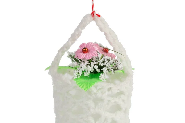 Pote Flores Uma Capa Malha Isolado Sobre Fundo Branco Close — Fotografia de Stock