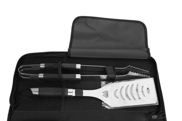 Set Tools Bbq Black Bag Located White Surface Close — Stock Photo, Image