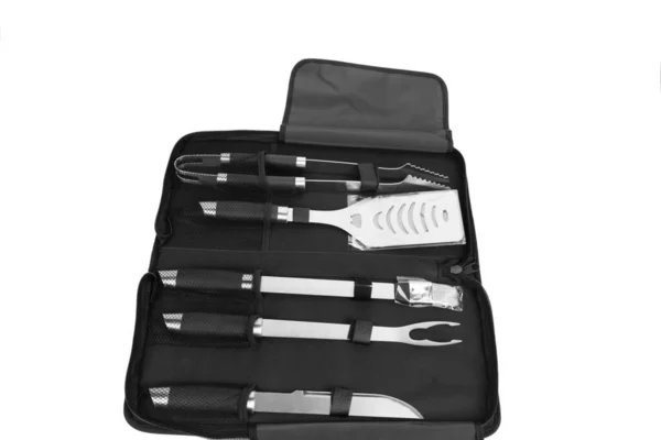 Set Tools Bbq Black Bag Located White Surface Close — Stock Photo, Image