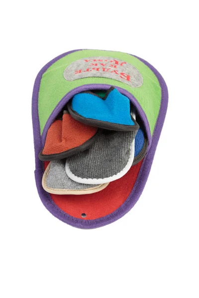 Three House Slippers Large House Slipper Slipper Has Inscription Russian — Stock Photo, Image