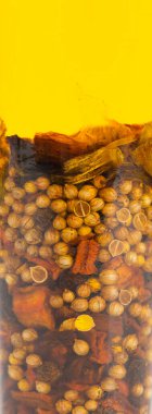 Baharatlı bakir zeytinyağının arka planı. Yakın plan..