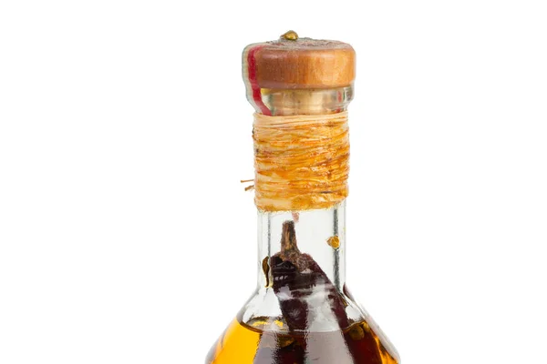 Запечатанная Бутылка Масла Специями Шея Закрыта Пробковой Заглушкой Завернута Джутовой — стоковое фото
