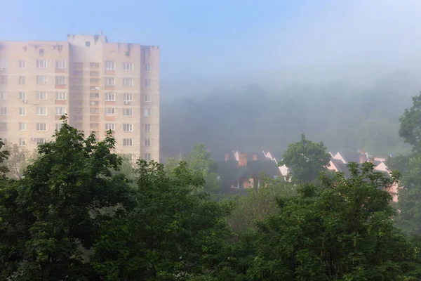 Casas Árboles Planos Cubiertos Una Niebla Ligera Mañana Paisaje Positivo — Foto de Stock