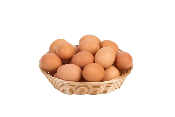 Fresh Eggs Wicker Basket Isolated White Background Close — Foto Stock