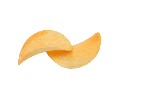 Twee Goudkleurige Aardappelchips Geïsoleerd Witte Achtergrond Close — Stockfoto