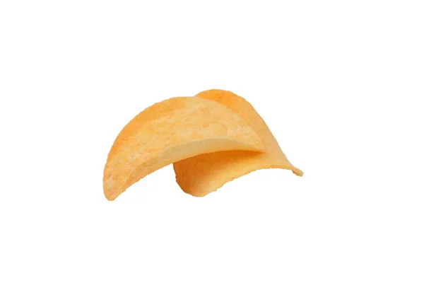 Two Goldish Deliciouse Potato Chips Isolated White Background Close — Zdjęcie stockowe