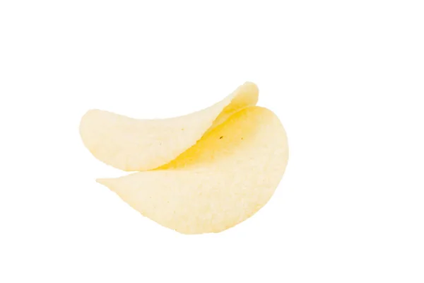 Two Goldish Deliciouse Potato Chips Isolated White Background Close — стоковое фото
