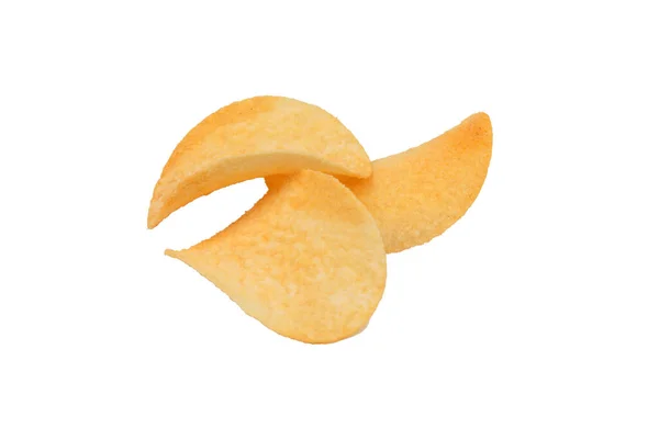 Three Goldish Deliciouse Potato Chips Isolated White Background Close — Zdjęcie stockowe