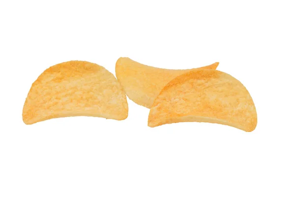 Three Goldish Deliciouse Potato Chips Isolated White Background Close — Zdjęcie stockowe