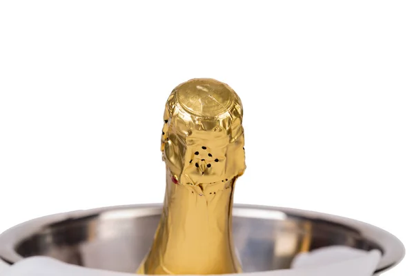 Eine Flasche Champagner Eimer Vereinzelt Auf Weißem Hintergrund Nahaufnahme — Stockfoto