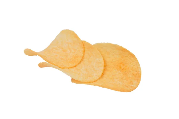 Drei Goldene Leckere Kartoffelchips Vereinzelt Auf Weißem Hintergrund Nahaufnahme — Stockfoto
