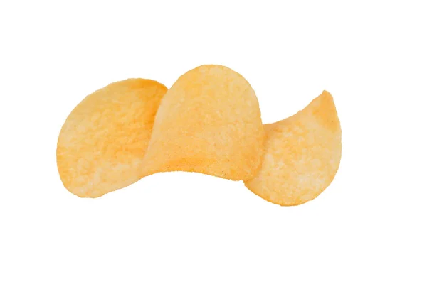 Three Goldish Deliciouse Potato Chips Isolated White Background Close — Zdjęcie stockowe