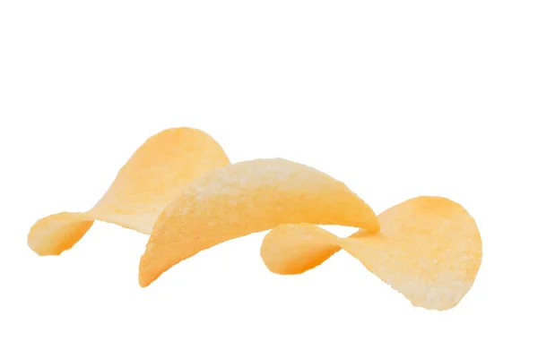 Three Goldish Deliciouse Potato Chips Isolated White Background Close — ストック写真