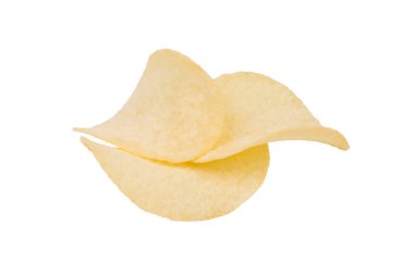 Three goldish deliciouse potato chips. Isolated over white background. Close-up.