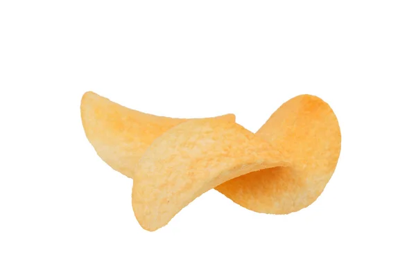 Three Goldish Deliciouse Potato Chips Isolated White Background Close — Stockfoto