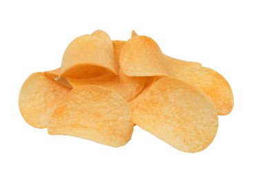 Heap of goldish deliciouse potato chips. Isolated over white background. Close-up.