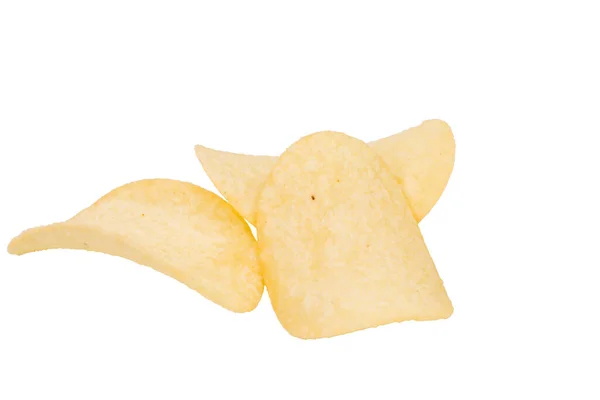 Three Goldish Deliciouse Potato Chips Isolated White Background Close — Stok fotoğraf