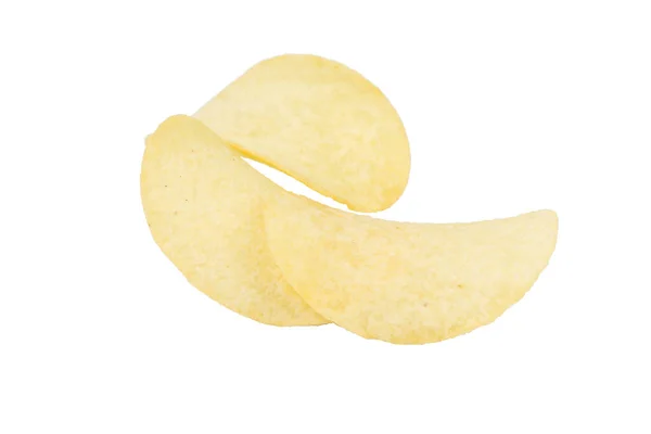 Drei Goldene Leckere Kartoffelchips Vereinzelt Auf Weißem Hintergrund Nahaufnahme — Stockfoto