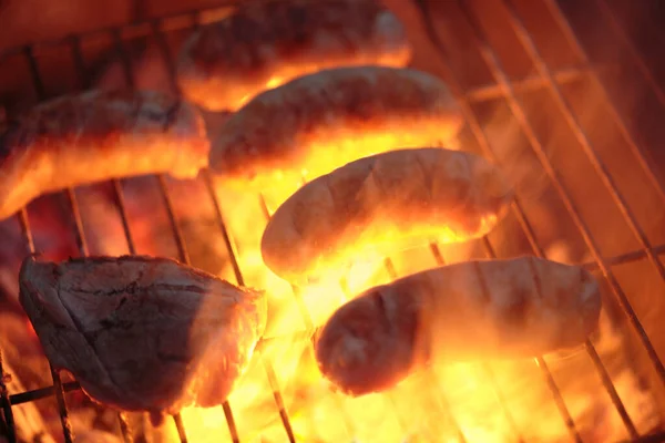 Barbecue Meat Sausage Fire Grill Close — Stock Photo, Image