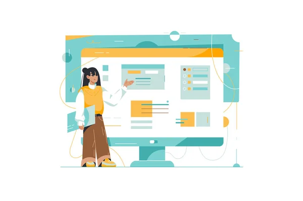 Woman Nearby Computer Display Web Page Opened Vector Illustration — Stock Vector