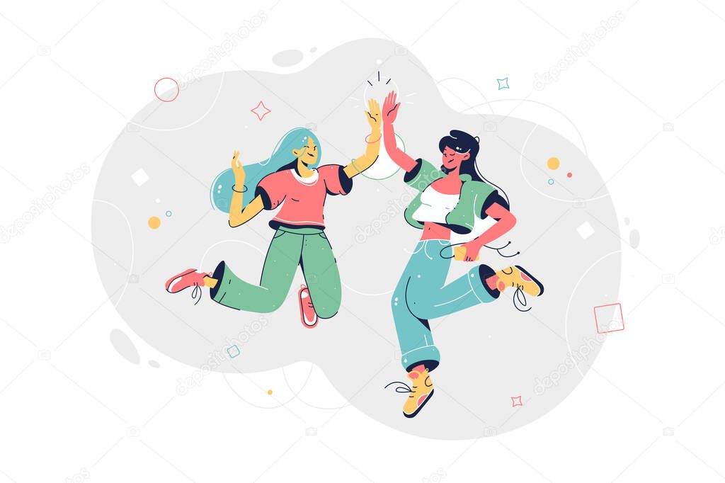 Girls hands give high five together in the jump. Vector illustration