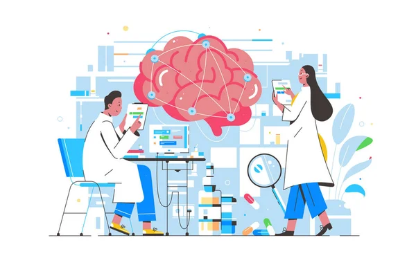 Cientistas Laboratório Estudam Cérebro Humano Cuidados Saúde Trabalho Equipe Ilustração — Vetor de Stock