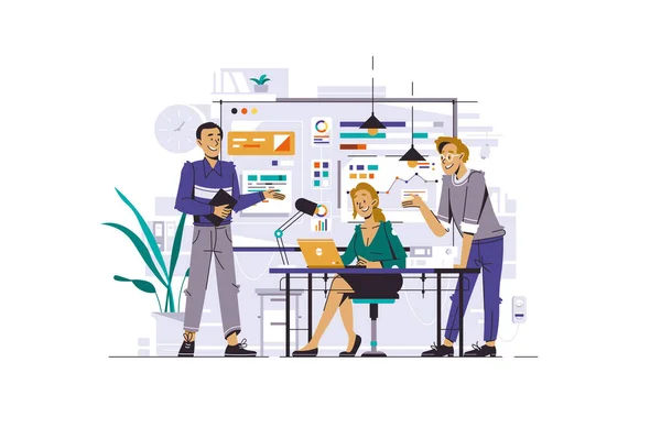 Workflow in business office illustration, communication and success . Vector illustration